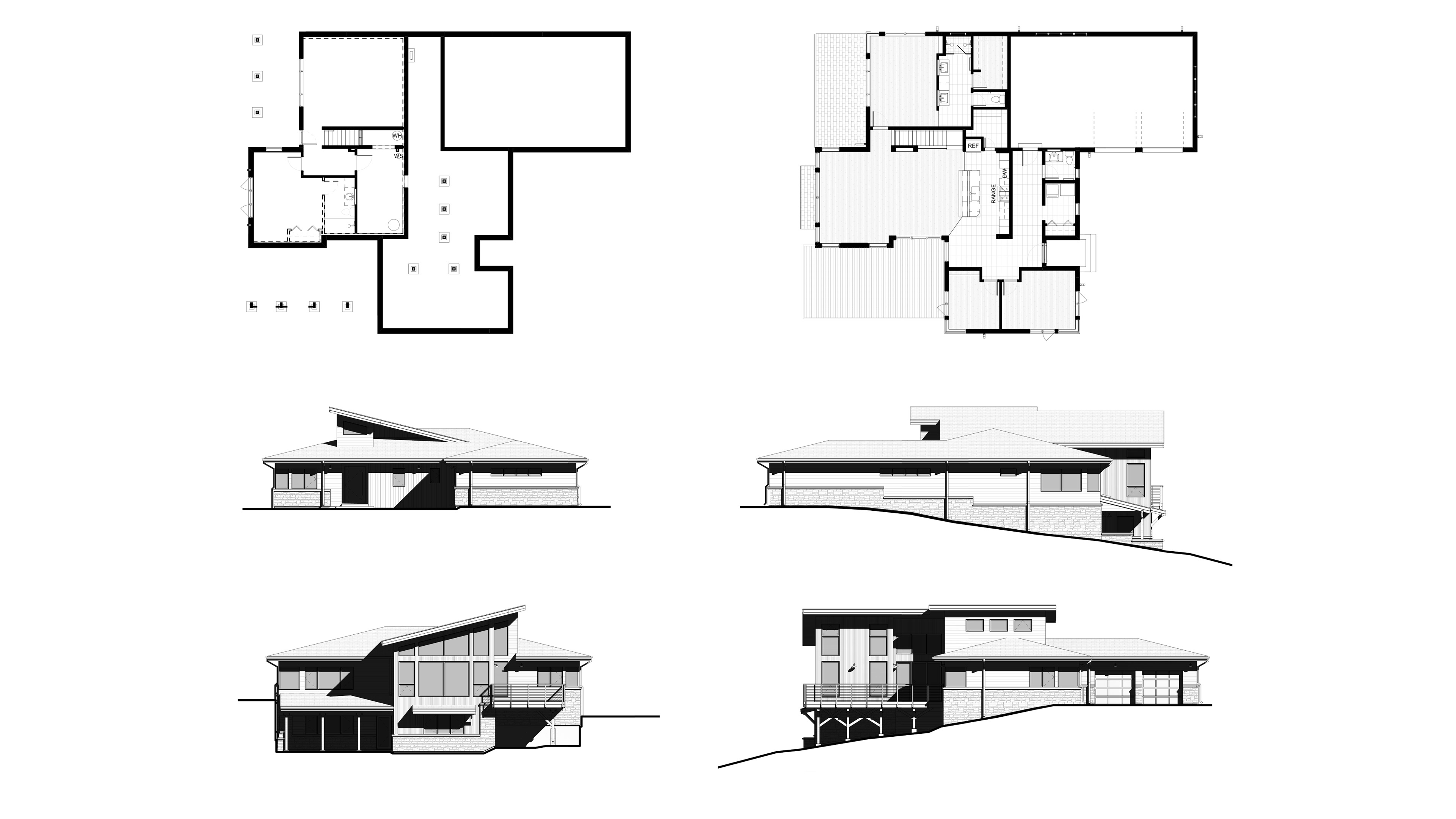 Conceptual floor plans and elevations for the Duris Residence mountain house in Stagecoach Colorado