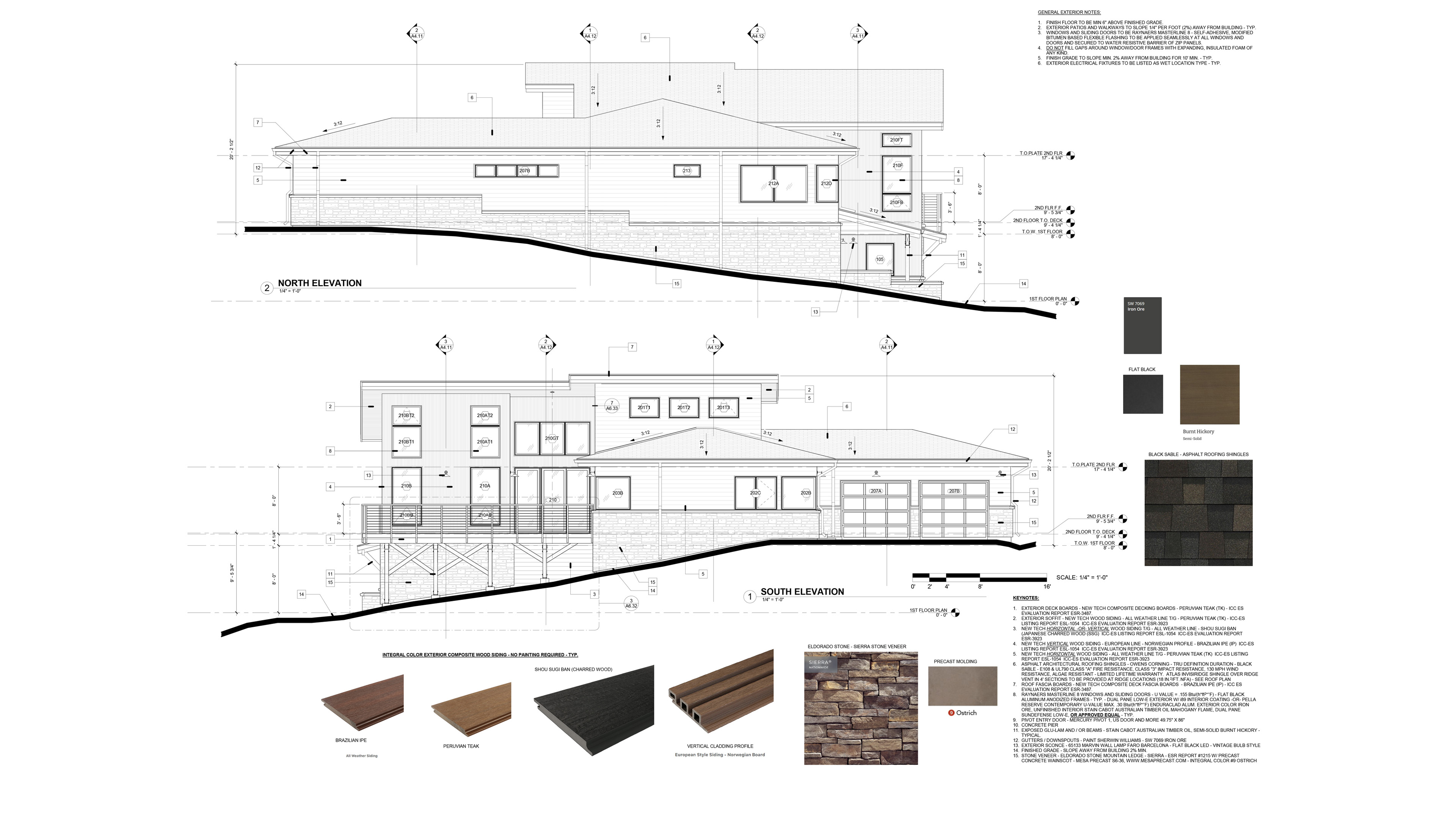 Material palette and elevation study for the Duris Residence mountain house in Stagecoach Colorado