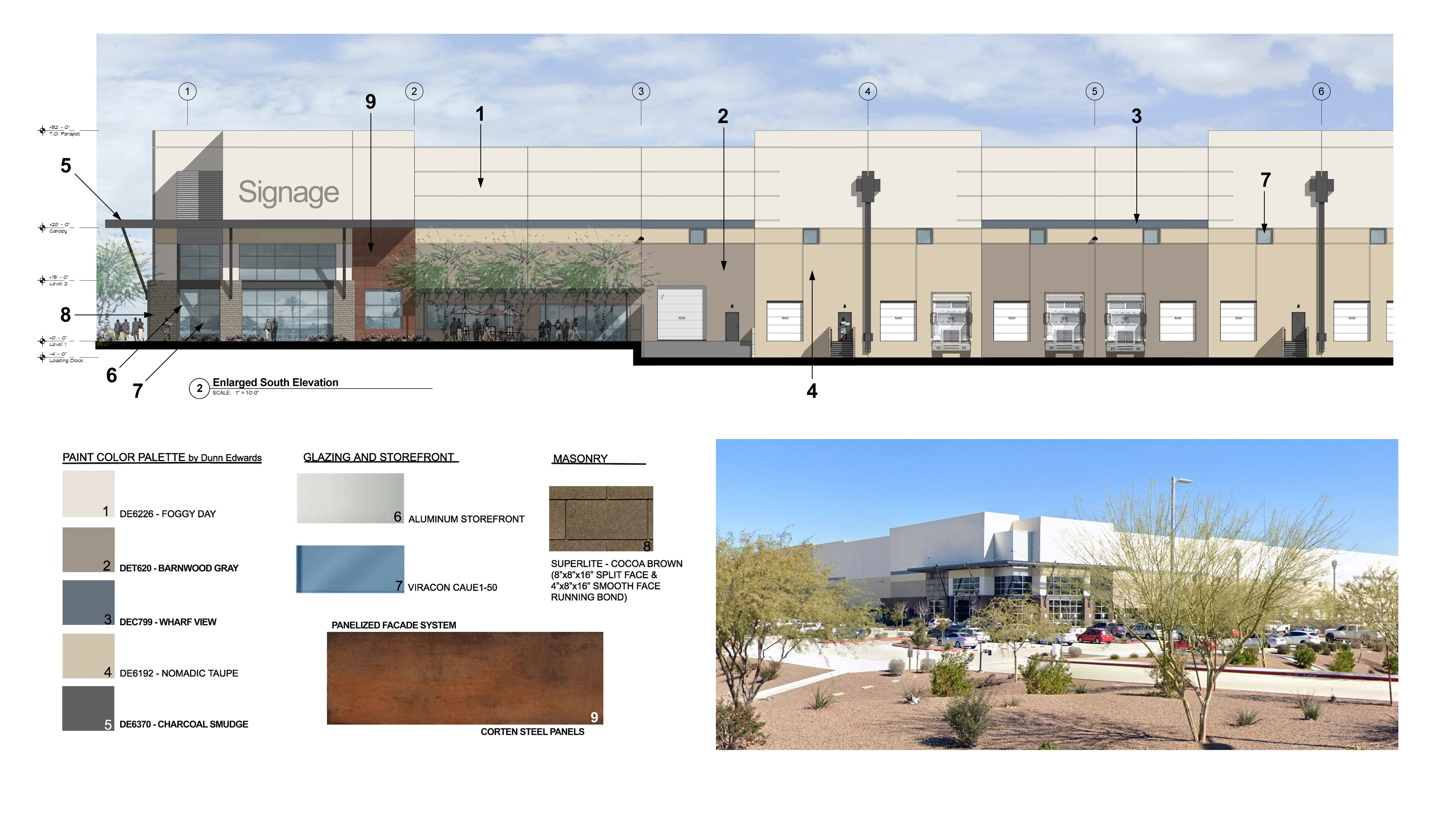 Large industrial warehouse and distribution building with commercial office entry, parking and desert landscaping.