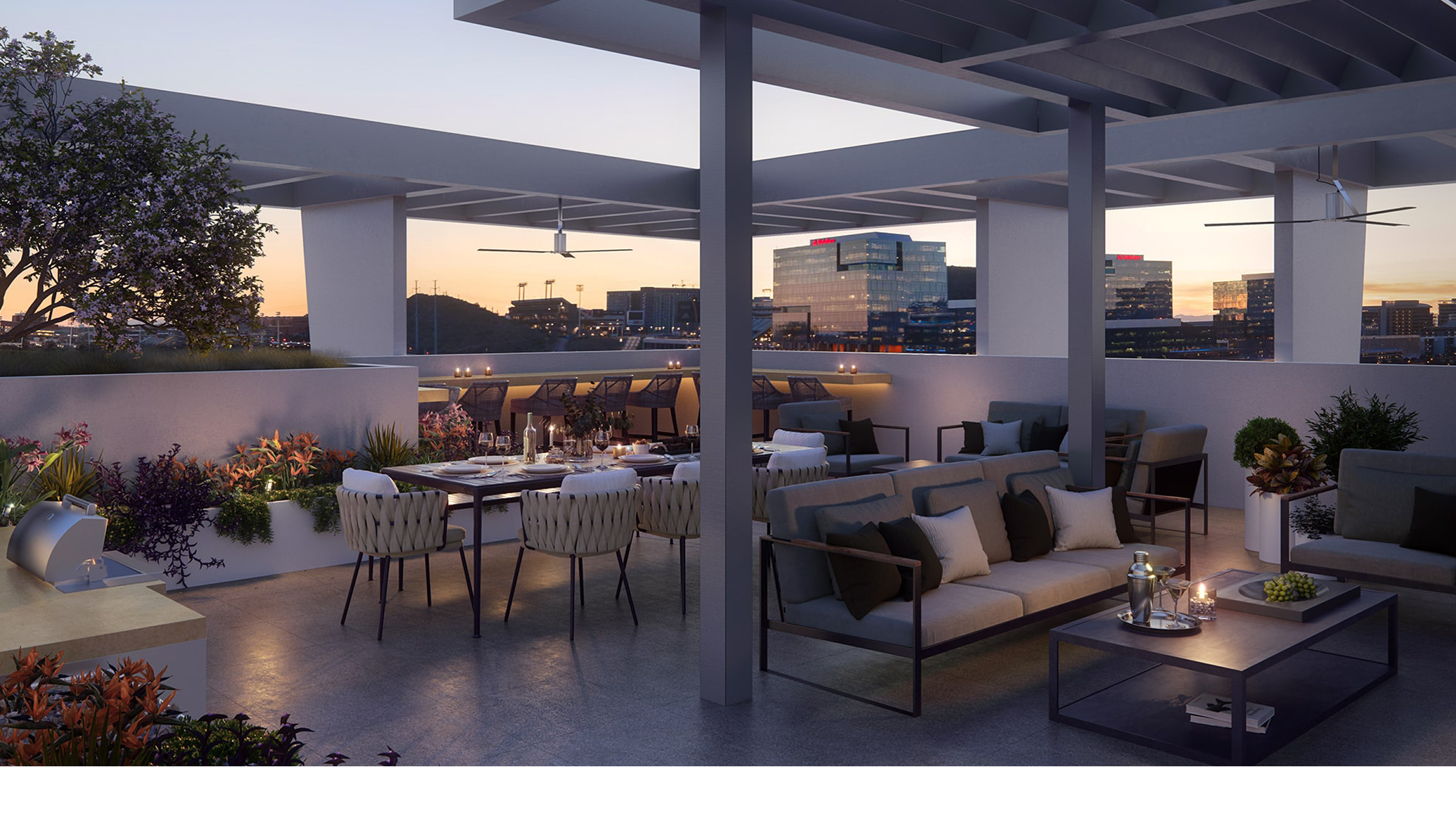 rooftop deck with seating area and city views at Jefferson Town Lake Tempe Arizona