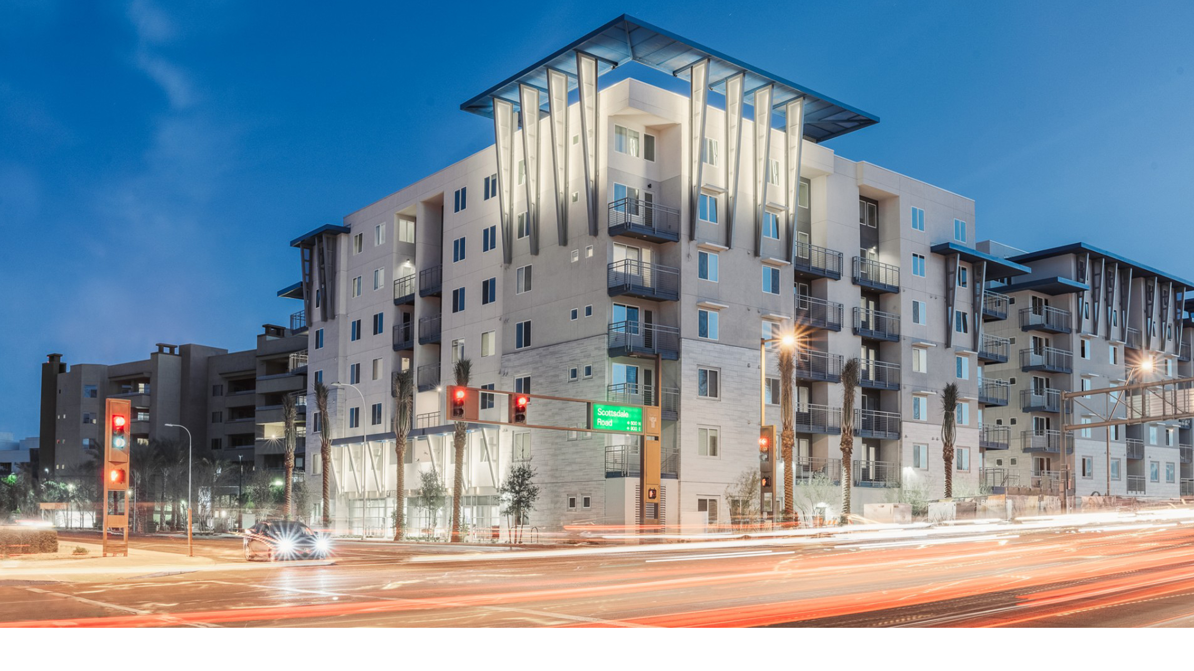 multifamily apartments at Jefferson Town Lake with street corner lighting and urban context Tempe Arizona