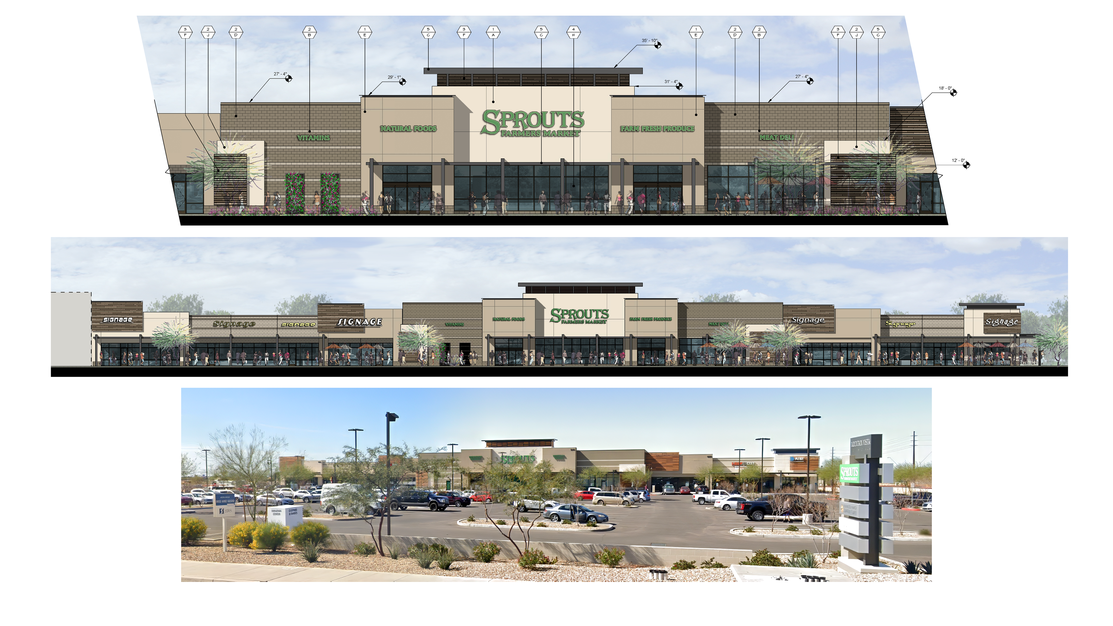 Retail shopping center architecture with storefront elevations and completed commercial development.