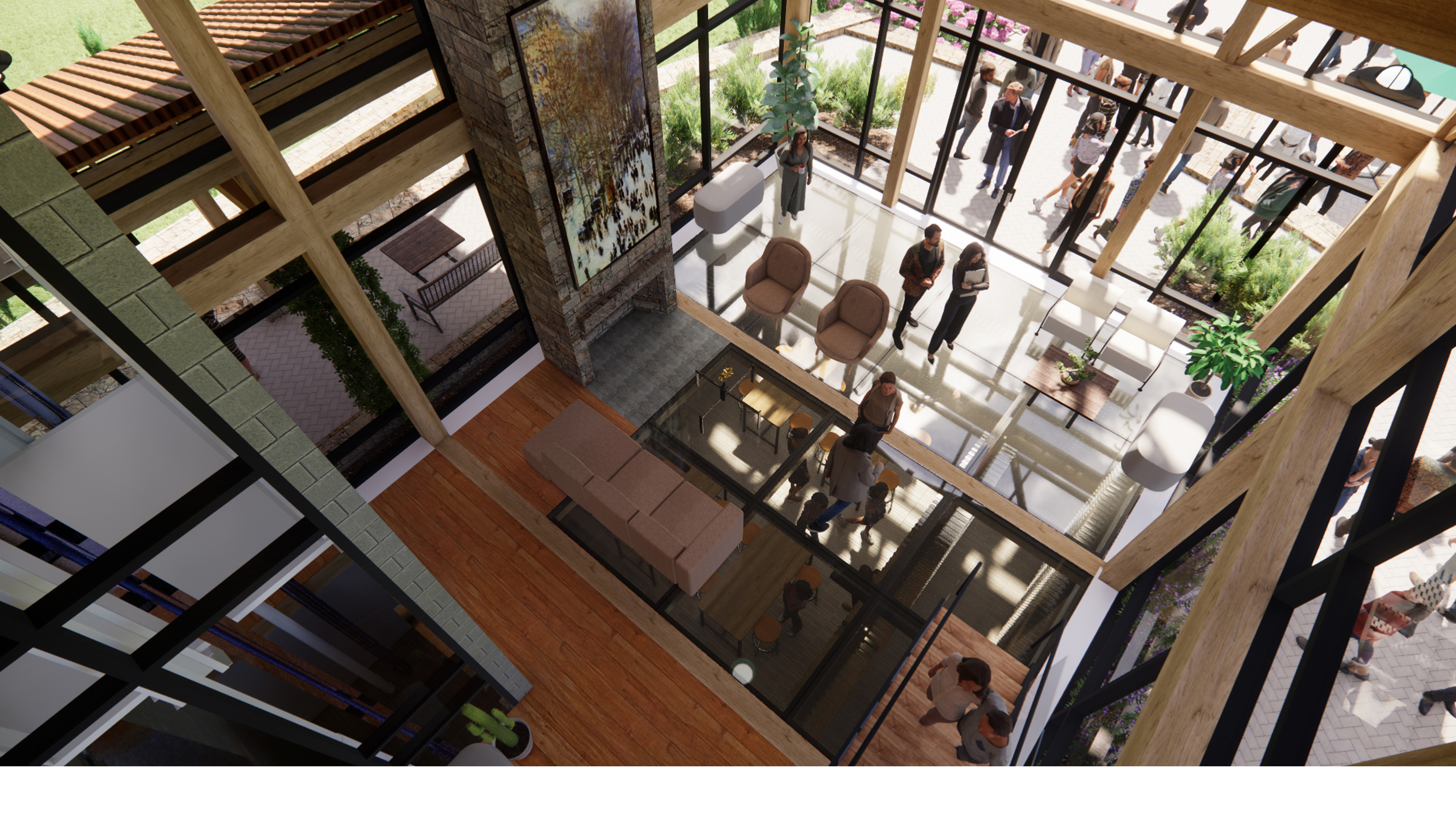Interior atrium of winery with exposed timber structure, open circulation, and views to lower level gathering spaces